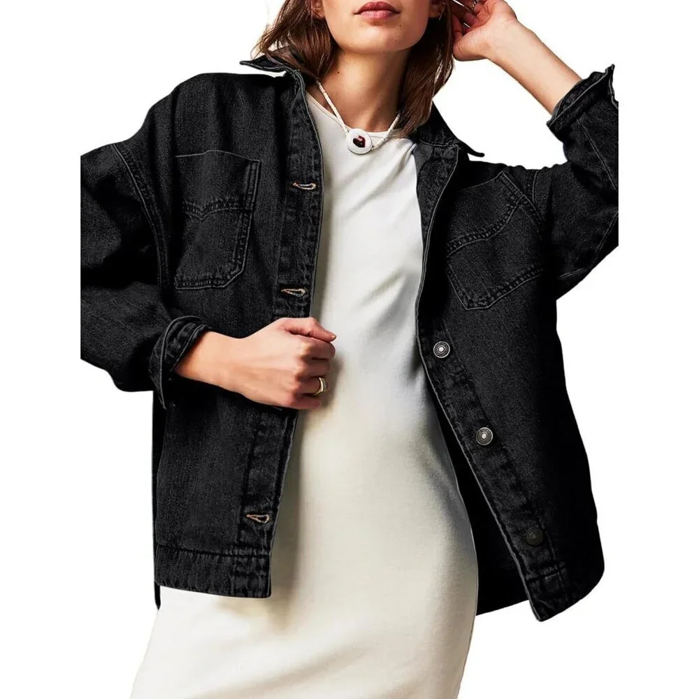 Women Jean Jacket Oversized Shacket Denim Jacket Button Down Boyfriend Black - Picture 1 of 6